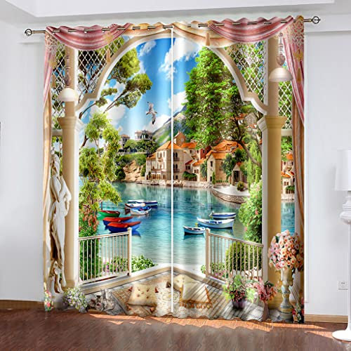 Vorhang Blickdicht Thermovorhang Gartenhaus, See, Segelboot Muster Gardinen Wohnzimmer Vorhänge Kinderzimmer Geräuschreduzierung Dekoration Für Schlafzimmer Küche Fenster 270X244Cm (Bxh)