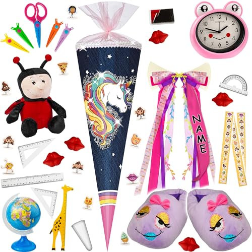 alles-meine.de GmbH mit Glitzer & Glimmer ! Schultüte - Einhorn - Regenbogen Mähne 70-100 cm Größe wählbar inkl. komplette Füllung + Name + Bänder Schleife + Kunststoff..