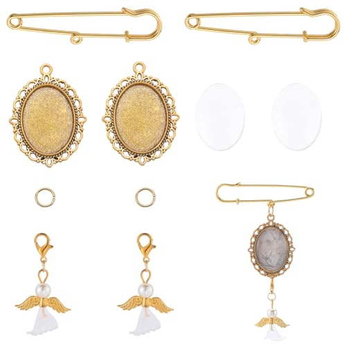 SUNNYCLUE 1 låda 10 set guld bröllopsbukett foto berlocker minnesbild berlock personligt glas oval bild cabochoner brosch nål ängel vinge berlocker kit för bröllop brud brudgum fest gåvor blommor,