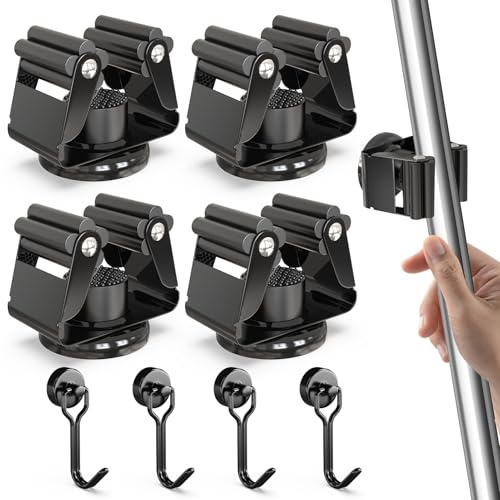 3-H 4X Magnetischer Besenhalter, Gerätehalter Gartengerätehalter (Schwarz) | Edelstahl Besenhalterung Wand Aufhängung Besen,mit 4 zusätzlichen Minimagnethaken für Küche Badezimmer Garage Garten Zuhause