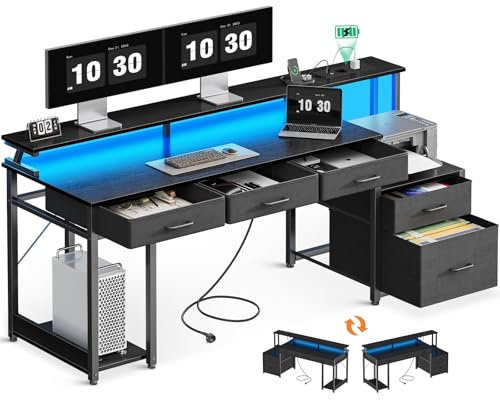 Coleshome Schreibtisch mit 5 Schubladen aus Stoff, 160x48cm Reversibler Gaming Tisch mit Steckdose, Computertisch mit Monitorständer und LED-Leuchten, Home Office Schreibtische, Schwarz