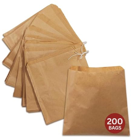 200 x Strung Kraft Paper Bags (8.5 x 8.5 inch) – Brown Paper Bags for Food, Lunch, Gifts, Groceries, Sandwiches & Takeaway | Greaseproof & Eco-Friendly Fruit Bag | Recyclable Medium Brown Bag