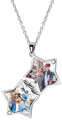 Svyqwmz Personalisierte Stern Medaillon Halskette Gravierter Text Halskette Anpassen Erinnerung Foto Lockets Gedenkschmuck für Frauen Männer Freund
