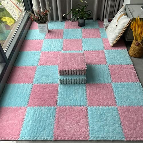 KUANGGE ineinander greifender Teppich, 10-teilig, ineinander greifender Bodenteppich aus Plüschschaum, quadratischer Puzzle-Schaumstoffteppich, DIY-Anti-Rutsch-Teppich-Klettermatte (Rosa + Hellblau)