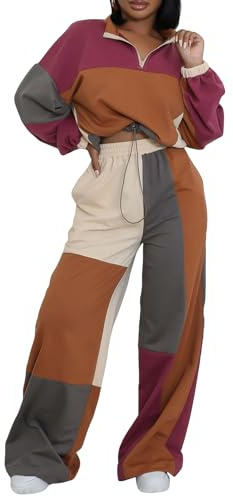 Tbahhir Women's 2 Piece Tracksuit Color Block Outfits Drastring Long Sleeve Crop Top and SweatPants Set Jogger Casual
