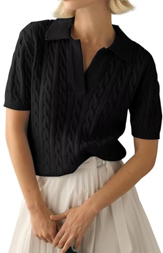 LACOZY Tops de Manga Corta de Verano para Mujer Cuello en V Punto Acanalado Camisas de Suéter Polo Casual Pullover Ligero 2025, Negro, L