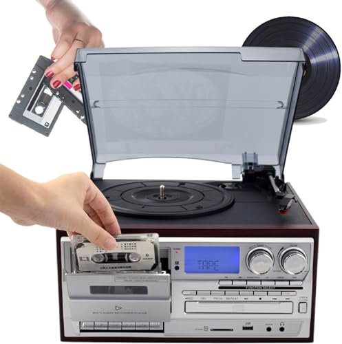 XEEAOFE Giradischi Bluetooth A 3 velocità con Riproduzione CD/Cassette, Radio Am/FM, Riproduzione USB SD/Mmc, Giradischi in Vinile,Silver-220V