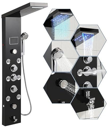 Hebitod LED Duschpaneel mit Armatur, 6 in 1 Duschsäule aus Edelstahl 304, mit 5 Dusch Funktion (Regendusche, Wasserfalldusche, Massagedusche, Wanneneinlauf Handbrause) Schwarz