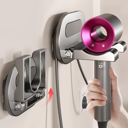 Veki Soporte Secador de Pelo de Aluminio Aviación, Porta Secador de Pelo Sin Taladrar, Soporte para Secadores de Montaje en Pared, Colgador Secadors Cabello para Baño, Dormitorio, Hotel (Gris)