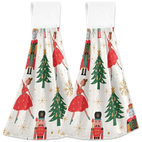 Lot de 2 torchons de cuisine à suspendre pour cuisine Motif ballet Casse-noisette de Noël Beige 45,7 x 35,6 cm