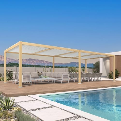 PURPLE LEAF Pergola 3.5 x 8.3 m Holzoptik Alu Pergola mit Lamellendach Pavillon Verstellbaren Alu-Lamellen Terrassenüberdachung Wasserdicht Stabil Winterfest, Natur