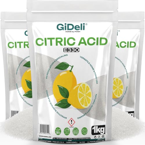 GiDeli Ácido Cítrico 3x1kg E330 Grado Alimentario - Polvo Blanco Puro Para Repostería y Conservas - Descalcificador Natural de Gran Formato Para Lavavajillas, Lavadora y Limpieza - Regulador de pH