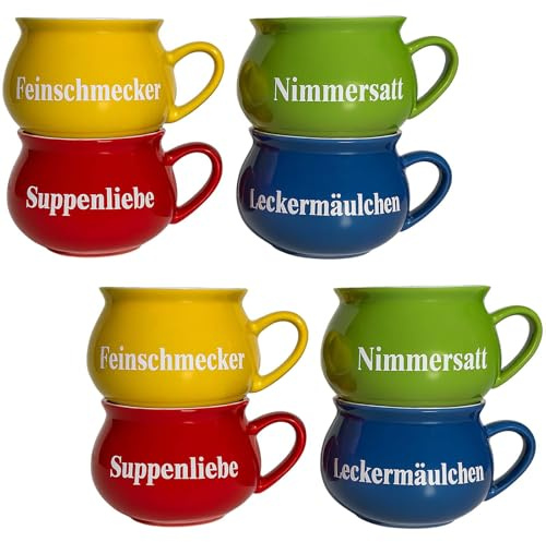 Suppentassen 8er Set Keramik 400 ml Henkelschüsseln Mediterran Müslischalen | BURI Müslischalen mit bunten Sprüchen aus Keramik, spülmaschinenfest und mikrowellengeeignet als originelle Geschenkidee