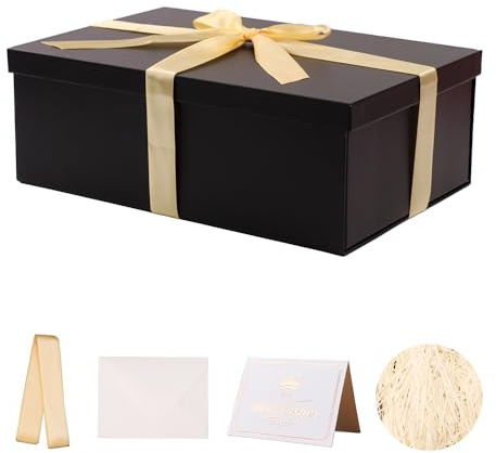 KdmNzoo Geschenkbox mit Deckel 31 x 21 x 11 cm, Geschenkbox mit Schleifen, Grußkarten, Raffia Hamper Shreds für schwarz
