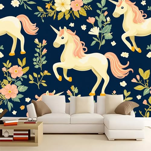 Générique Papier Peint 3D Licorne florale de dessin animé 200x140 cm Papier Peint Murale Panoramique Intissé, Muraux Photo Poster Personnalisé, Pour Salon Garçon Fille Ado Chambre Décor