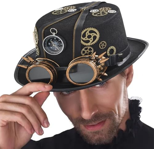 Gothic Steampunk-Hut, Kostüm, Kopfbedeckung, Halloween-Hut mit abnehmbarer Brille, Zeitreisende-Kostüm, Herren, Steampunk-Kostüm, Zubehör für Erwachsene und Herren