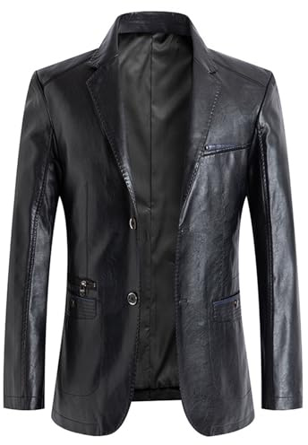 SEMATOMALA Men's Winter Leather Blazer Suit Jacket Notched Collar 2 Button Slim Moto Faux Leather Business Coat Outwear BL-XL Black