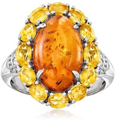 Ross-Simons Amber and 2.30 ct. t.w. Citrine Ring With White Zircons in Sterling Silver. Size 8
