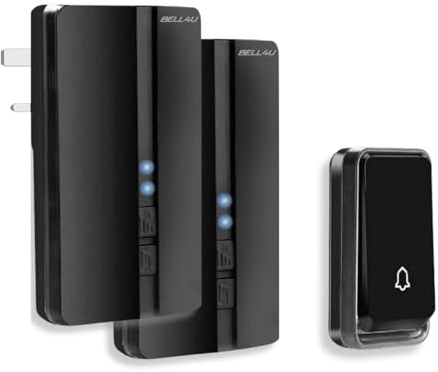 Bell4U Wireless Doorbell Kit – Self-Powered, 1 Push Button & 2 Plug-in Receivers, No Battery Required, 700 feet Range, 51 Chimes, IP65 Waterproof – Black