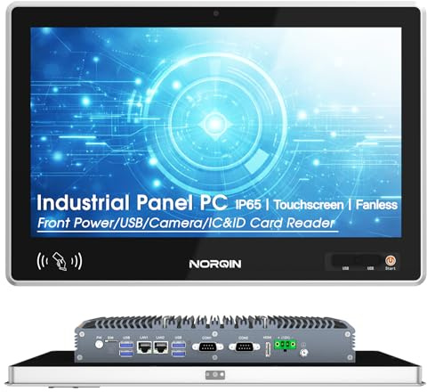 NORQIN 15 Panel PC Industriale Fanless IP65 - Pannello Computer All-in-One Capacitivo Touchscreen,Windows 10 Pro,Fotocamera,Lettore ID/IC Frontale per Linea di Produzione(Intel i7 7th,16G+128G)