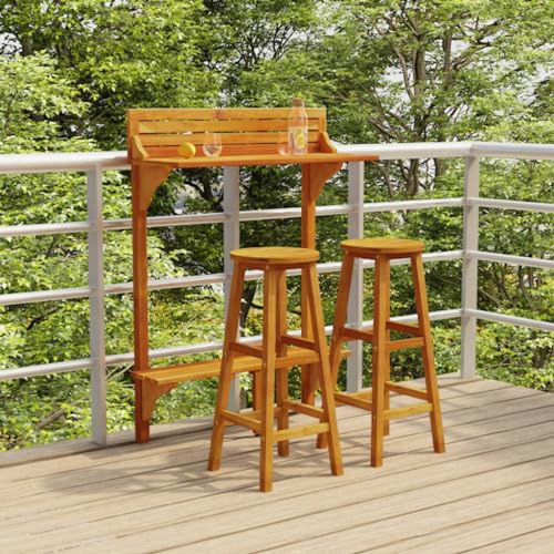 LoogCape Ensemble de 3 meubles de balcon en bois d'acacia massif huilé pour jardin, terrasse et patio, avec 2 tabourets de bar et supports métalliques pour fixation de balustrade