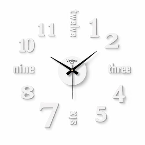 VIRTIME Orologio da Parete Adesivo, EVA Rivestito in PVC, Modello Numeri & Lettere, 50 cm, Movimento al Quarzo Step (Bianco)