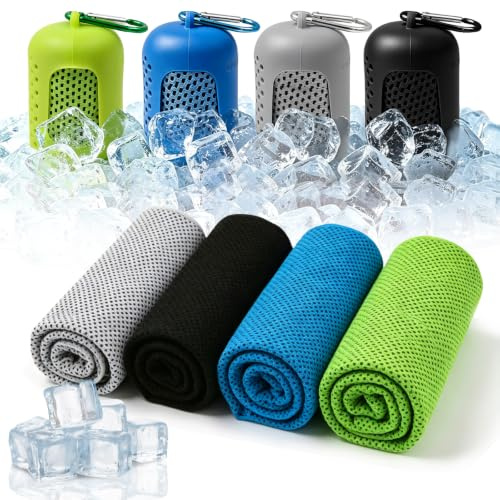 Fipfovpa 4 Stück Kühlendes Handtuch mit Tragbaren Silikonhüllen 30 x 90cm | Schnelltrocknendes Sporthandtuch mit Tragbaren Silikonhüllen, Kühlendes Handuch Mikrosfaser für Fitness Sport Yoga, Camping
