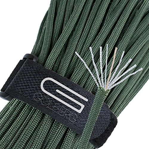 Golberg Outlast Cord - Paracord 250 kg Zugfestigkeit mit Angelschnur und Jutezunder - 7 Innenstränge Typ III Fallschirmseil (Olive Drab, 30 Fuß)