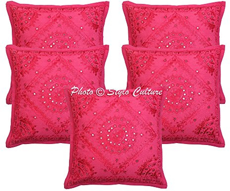 Stylo Culture Indio Fundas Almohadones Decorativa 40x40 cm Algodón Espejado Fundas para Cojines Silla Rosa 16x16 Inch Bordado Cuadrado sobre Fundas Cojines Sofa - 5 Pcs