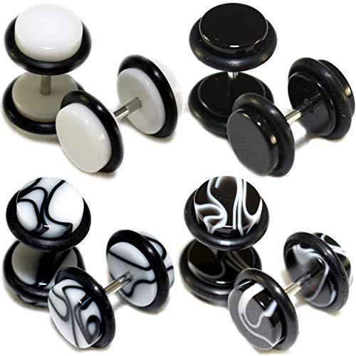 MallGoodies 4 Pairs Black White Marble Acrylic Fake Cheaters Faux Illusion Plugs 0G (8mm) Medium Size (8pcs)