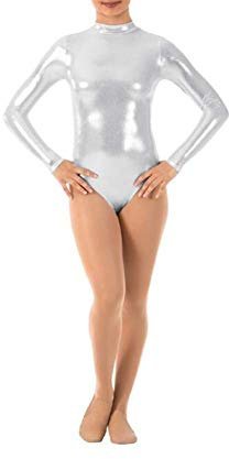 IWEMEK Damen Ballettanzug Glänzende Langarm Body Wetlook Danz Ballett Trikot Gymnastikanzug Turnanzug Metallic Einteiler Lack Leder Bodysuit Overall Leotard Top Kostüme Silber 3XL