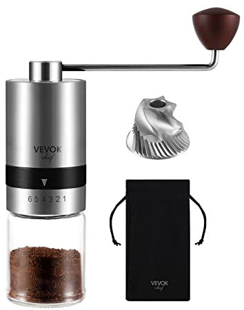 Vevok Chef Molinillo de Café Manual con 6 Ajustes Externos de Grosor para Espresso a French Press, Muela Cónica de Acero Inoxidable, Ideal para Casa, Oficina o Viajes, Plata