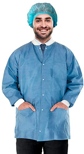 EZGOODZ Disposable Lab Jacket, 30 Inches Long. Pack of 10 Ceil Blue Hip-Length Workwear Medium. SMS 50 gsm Disposable Shirts with Snaps Front, Knit Cuffs & Collar, 3 Pockets. Unisex PPE Coat