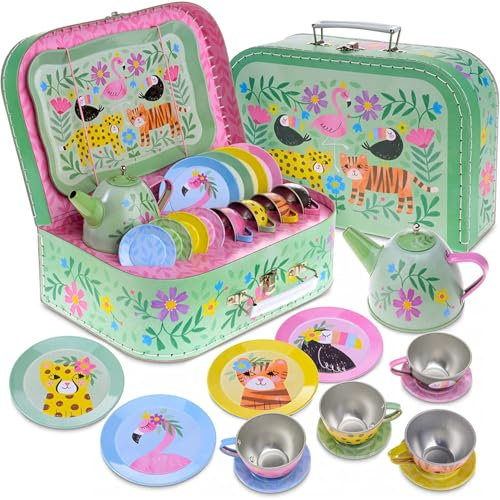 Jewelkeeper Teeservice für Kinder - Safari Design Kinder Teeservice, 15-teiliges Kindergeschirr für Spielküche und Kaffeekränzchen - Robuste Zinn-Konstruktion mit Tragetasche