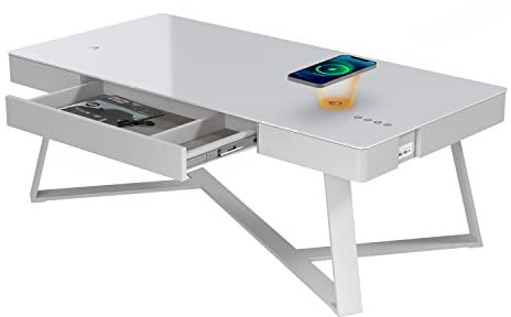 ATLASIO Couchtisch mit Bluetooth Lautsprechern & 2 Wireless Chargern, Wohnzimmertisch 120x60 cm mit smartem Touchpad, USB & AUX, Sideboard mit induktiven Ladestationen, weiß