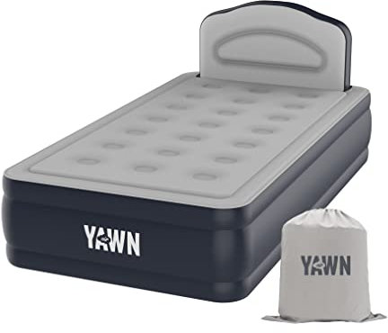 YAWN AIR Deluxe Self-Inflating Airbed with Custom Fitted Sheet Included - Single Size - Great Guest Bed, Camping Mattress - Built-in Pump & Headboard - Available in UK Single, Double & King