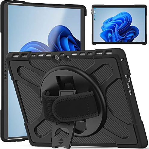 ZenRich for Microsoft Surface Pro 8 Case 13 inch 2021, Black | Rugged Hard Protective Case with Rotating Kickstand, Hand Strap, Pencil Holder, Compatible with Type Cover Keyboard