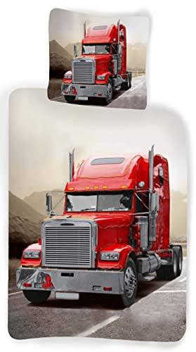 Bettwäsche Set roter Truck LKW auf Straße, Bezug Bettdecke 100 x 140 cm, Bezug Kopfkissen 40 x 45 cm, 100 % Baumwolle, für Babys und Kinder, Jungen, Mädchen