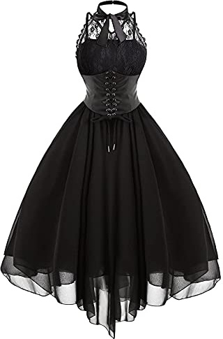 Abito da donna senza maniche, stile gotico, anni '80, corsetto in pizzo, per cocktail, Nero , L