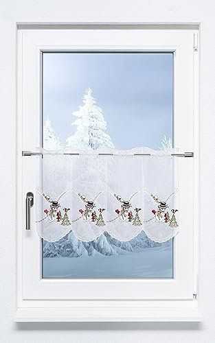 Plauener Spitze Scheibengardine Schneemann zur Weihnachtszeit #1W (BxH) 48,6cm x 40cm rot
