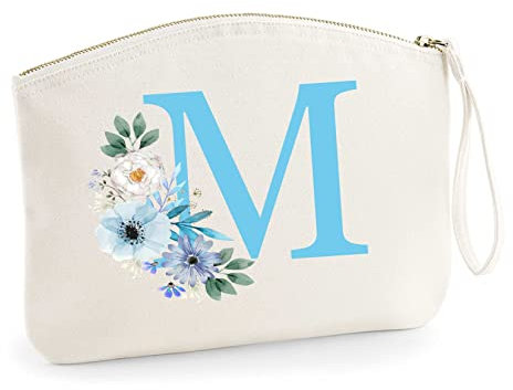 Schminktasche mit blauen Blumen und Monogramm | Personalisierte Kosmetiktasche Reiseetui Ordnungshüter Mädchen Damen L (28x22 cm) (beige)