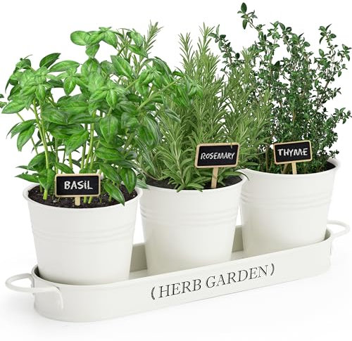 PERFNIQUE Indoor Herb Garden, Herb Garden Planter for Indoor/Outdoor, Farmhouse Plant Pots, Windowsill Herb Garden Kit with Tray, Window Pots (Off White)