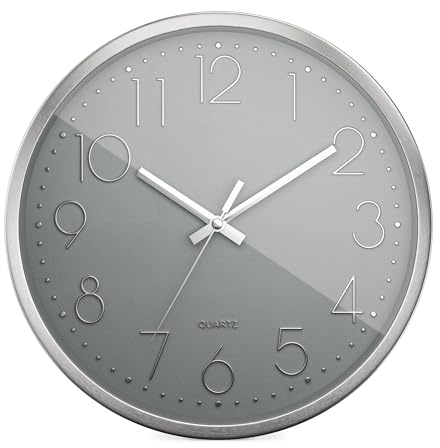 Mebus Quarzwanduhr | Leisegangwerk ohne Tick-Tack Geräusch | Aluminiumrahmen | arabisches Zifferblatt | 3D Ziffern | Aluminium Zeiger I 30 cm, Silber/Grau
