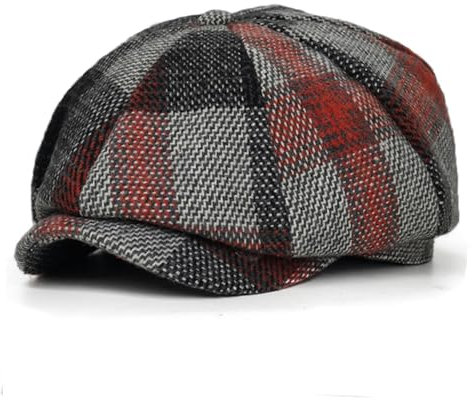 WILsem Karierte Baskenmütze, Herren, warme Wolle, dicke Kappe, Damen, Vintage, achteckig, Retro, flache Kappe, rot, 7 1/8