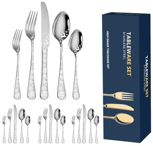 XIAOYU 20 pezzi Set di posate natalizie, servizio di posate nere per 4, posate in acciaio inossidabile, design unico del modello dell'alce di Babbo Natale, lavabile in lavastoviglie, argento