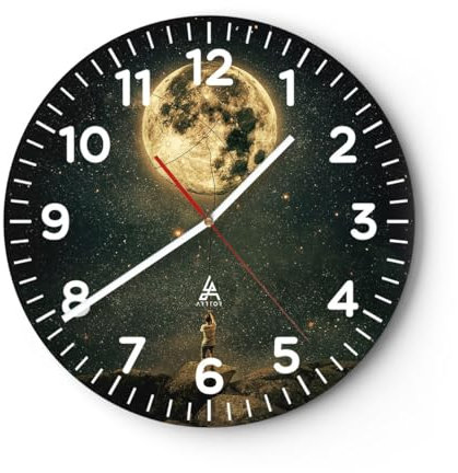 Modern Wanduhr Mond Sterne Vorstellung 30x30cm Rund Klein Wand Uhr Glas Analog Zimmeruhren Küche Büro Wohnzimmer Glasuhr Wall Clock Dekoration Design Wanddekoration Küchenuhr C4AR30x30-5249