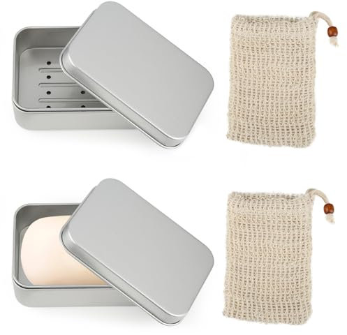 2 Stück Seifenschale aus Aluminium，Seifendose mit 2 hanfgelben Seifennetzen,Seifendose Reise für alle Festen Seifen und Festen Shampoos