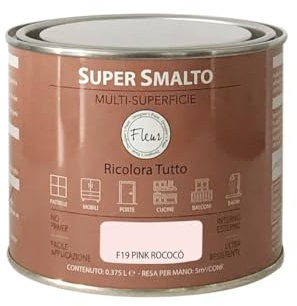 FLEUR DESIGNER'S PAINT | SUPER SMALTO Lavabile e ad Altissima Resistenza, Satinato, 375 ml F19 Pink Rococò, Pronto all'Uso, a Base Acqua, per Interno - Esterno, Made in Italy