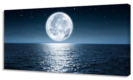 Aibonnly Wall Art Canvas Print Moon Sea Ocean Landscape 1 Panels Full moon Picture Painting Framed and Stretched Ready to Hang for Living Room Bedroom Office Home Decor Artwork 20x40inch