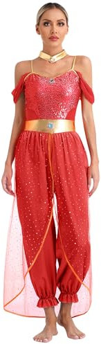 Agoky Damen Bauchtanz Kostüm Schulterfrei Pailetten Jumpsuit Overall mit Weite Hose Pumphose Einteiler indische Prinzessin Party Outfits Rot XXL
